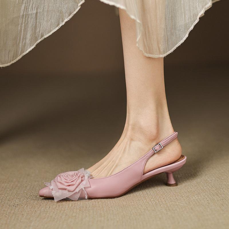 New rear empty sandals summer women's medium heel bag head sandals comfortable beef tendon soft sole buckle leather sandals stiletto