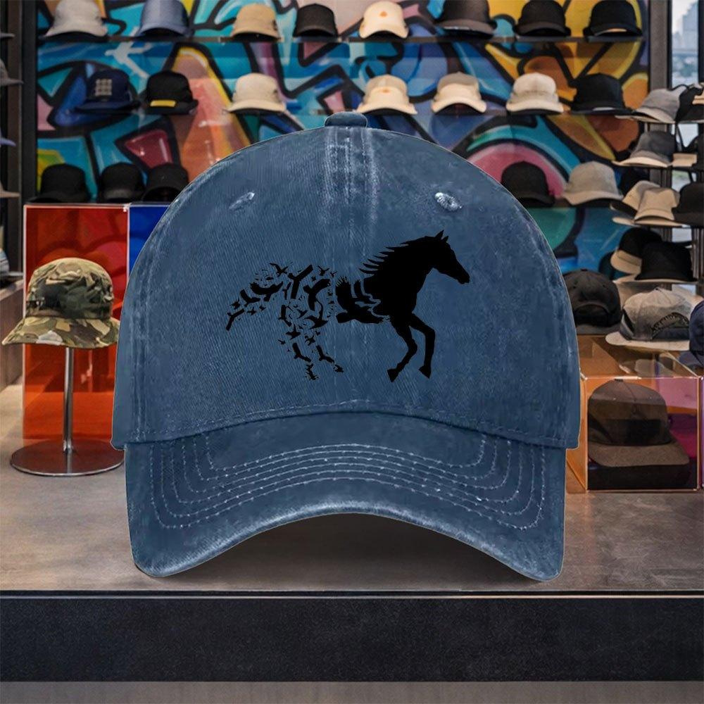 Flying Bird Horse Graphic Washed Cotton Baseball Cap Adjustable Vintage Casual Unisex Outdoor Hat