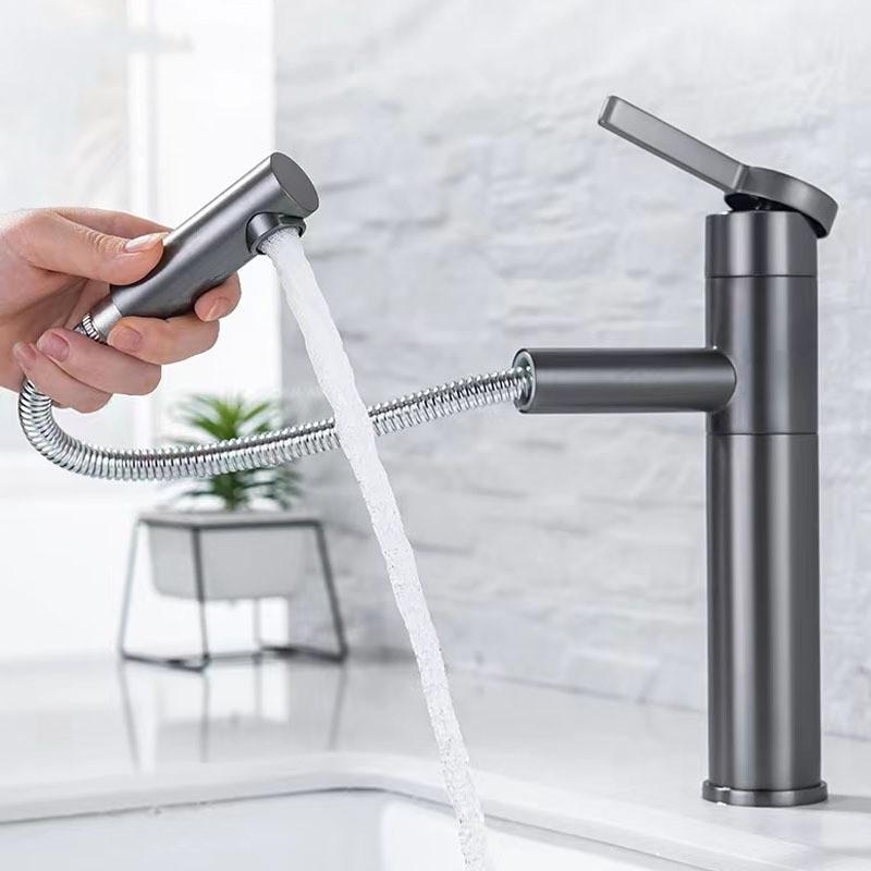 Pull Out Basin Faucet Hot and Cold Bathroom Single Lever Brass Gray Rotation Pull Out Sink Mixer Tap Decked