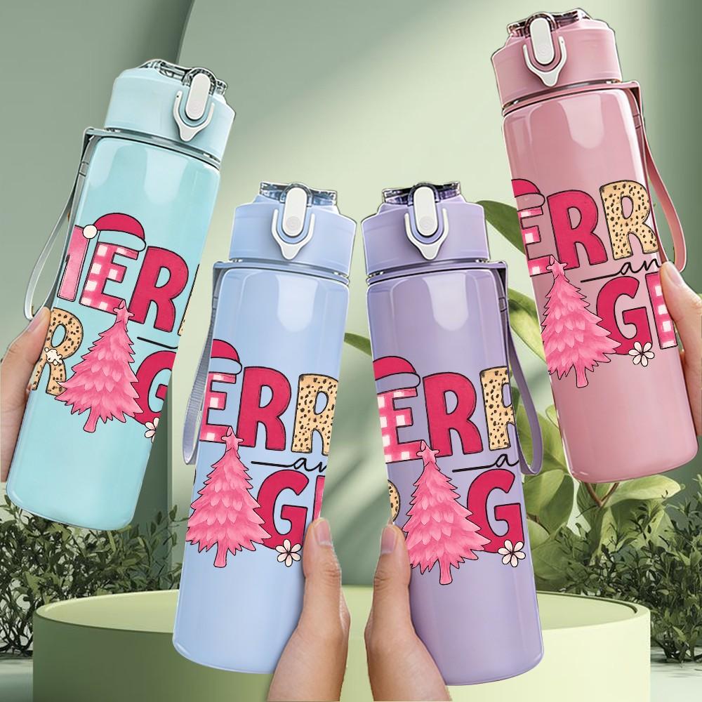 1PC Merry Bright Letter Art 750ml Color Plastic Sports Water Bottle Leakproof Flip Straw Lid Suitable for Sports Office Home Use