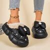 Fashion Casual Pu Thick Bottom Cotton Indoor Slippers Winter Sweet Bowknot Chunky Platform Short Plush Shoes Warm Faux Fur Slippers