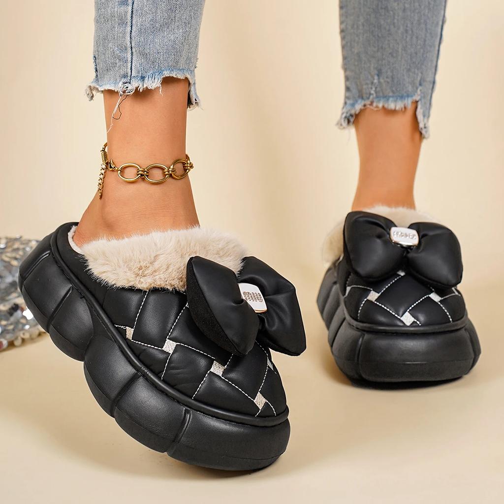 Fashion Casual Pu Thick Bottom Cotton Indoor Slippers Winter Sweet Bowknot Chunky Platform Short Plush Shoes Warm Faux Fur Slippers