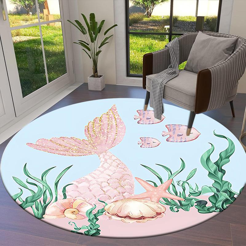 1PC Mermaid Shell Non-Slip Floor Round Carpet, Office, Family, Bedroom, Large Area Rug Indoor Rugs, Durable Polyester-Z0414