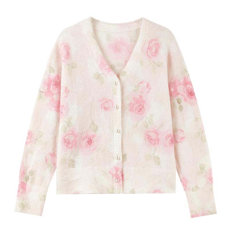 Elegant V-neck Floral Print Knit Cardigan XL