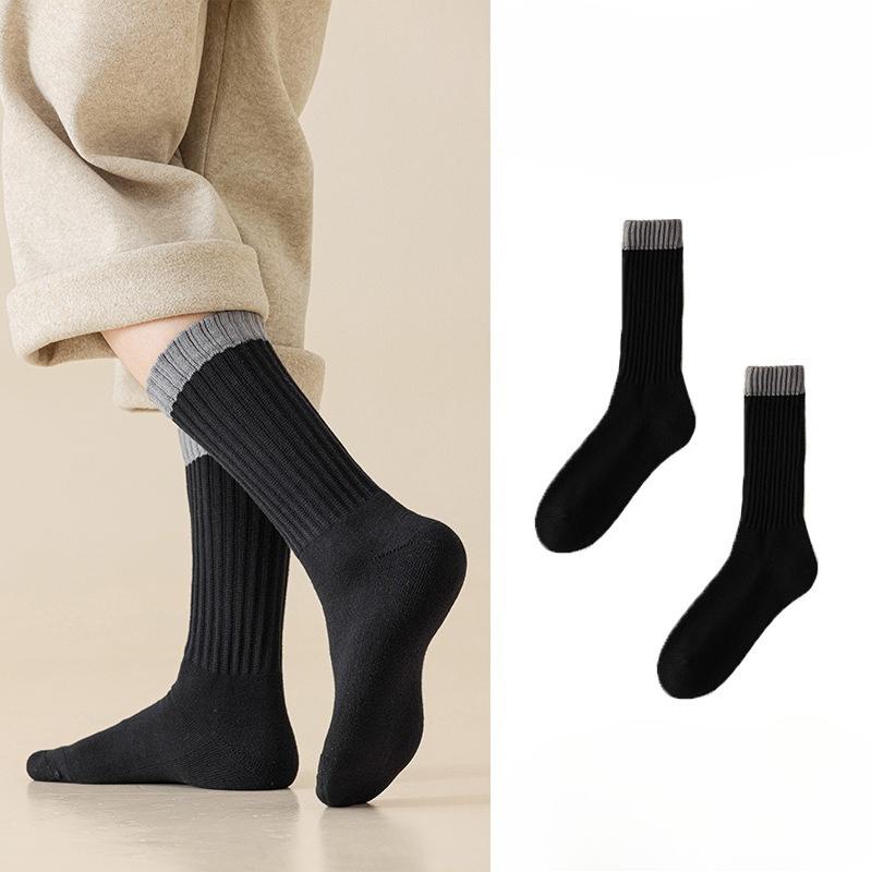 Men's Autumn and Winter Fleece and Thickened Mid-calf Socks, Color-blocked High-elastic High-calf Looped Long Socks, Trendy and Versatile Socks