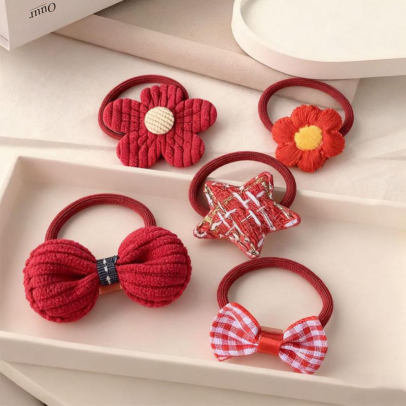 Non-damaging Little Red Flower Elastic Hair Tie for Girls - Ponytail Rubber Band & Headwear