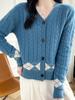 Women's V-Neck Oversized Cable Knit Color Block Cardigan - Casual Long Sleeve Wool Sweater