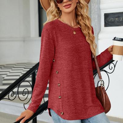 Damen Herbst Winter Solid Top Rundhals Langarm Lose Knopf T-Shirt