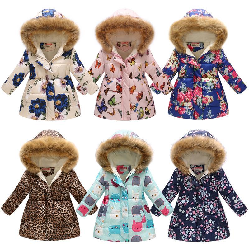 Autumn and Winter Children's Cotton Jacket Boys and Girls Fashion Printing Cartoon Big Boy Long Section Hair Collar Hooded Cotton Coat Jacket
