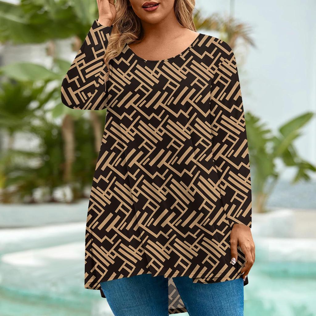 Women's Fashion Large Size Round Neck Long Sleeve Casual Print Loose Pullover Top