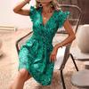 Sommer Damen Sexy V-Ausschnitt Taillenbetont Ärmellos Großes Florales Rüschensaum Kleid, Europäischer Amerikanischer Stil Lässiges Urlaubs Kleid für Damen