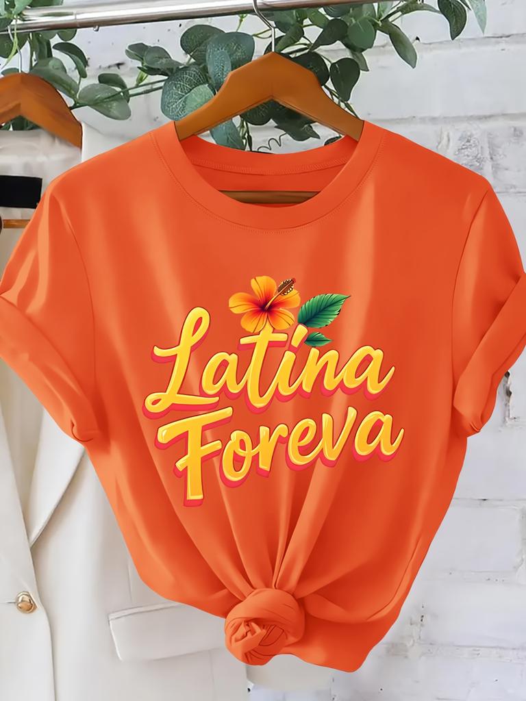 Latina Foreva Text Printed Womens Tshirt American Retro Outdoor Style Round Neck Short Sleeved Casual Top
