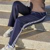 Unisex Dark Blue Straight-Leg School Uniform Pants with Double White Stripes, Ideal for Spring and Autumn.