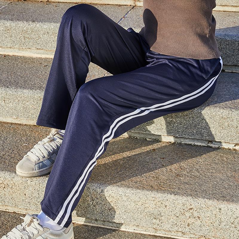 Unisex Dark Blue Straight-Leg School Uniform Pants with Double White Stripes, Ideal for Spring and Autumn.