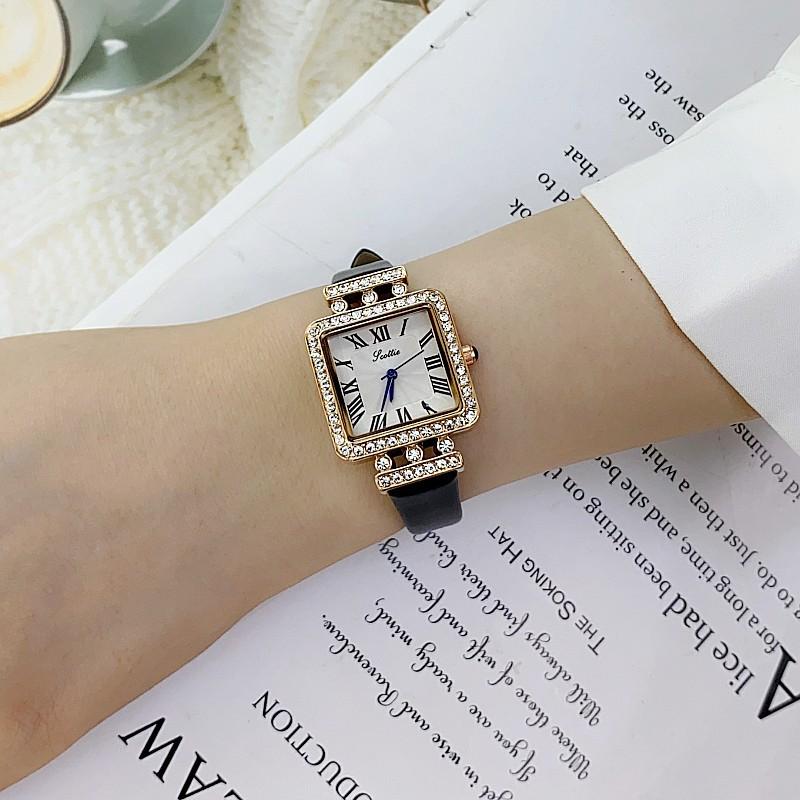 Stylish And Simple Temperament Women'S Watch With Diamonds Roman Square Personalized Watch Women'S Silver Case Black Strap
