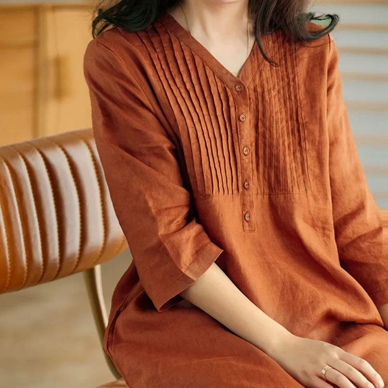 Women Summer Casual Dress Vintage V Neck Color Linen Long Dresses