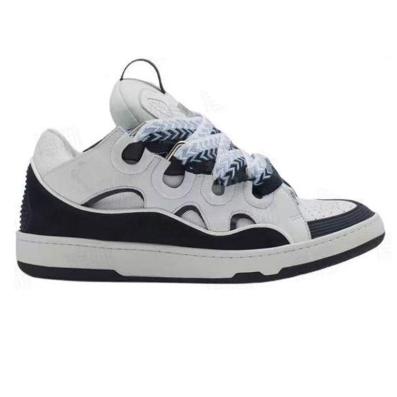 Langfan Men's and Women's Leather Splicing Lace-up CURB Sports and Leisure Shoes Retro Board Shoes New Shoes