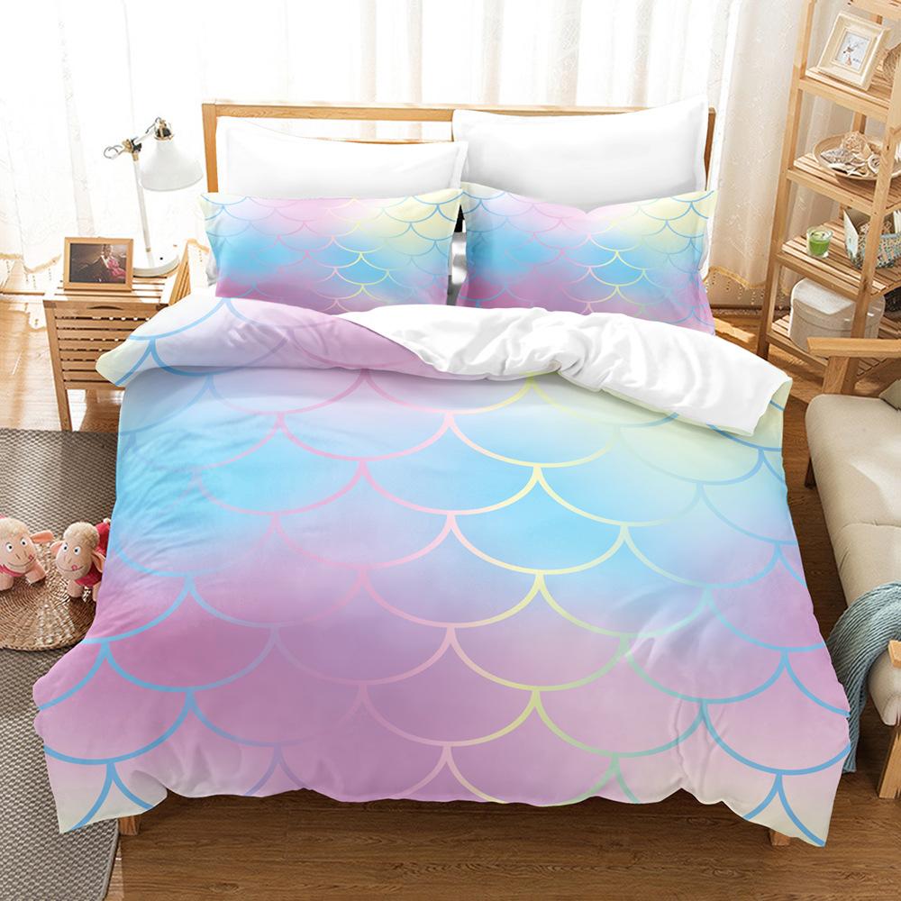 Laser Gradual Change Fish Scale 3D Digital Printing Three-Piece Set, Quilt Cover Pillowcase Home Textile Bed Sheet Kit