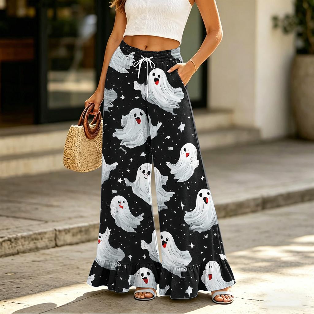 Women Wide Leg Pants with Pockets High Waist Drawstring Casual Loose Fit Halloween Print Long Trousers with Ruffle Hem