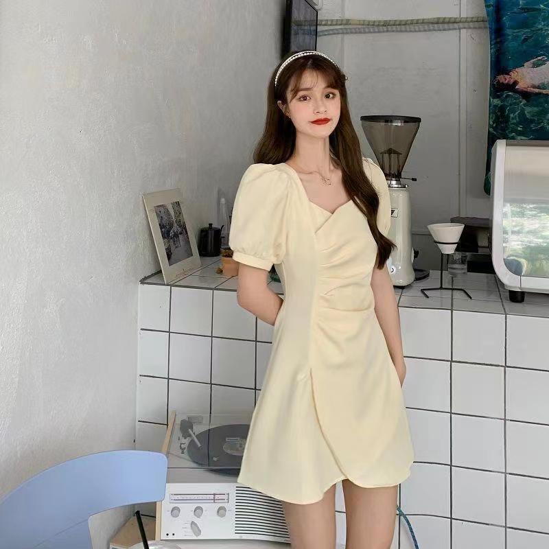 Summer Short Dress Solid Color Square Neck Waist Thin Bubble Sleeve Irregular Pleated Short Sleeve Dress