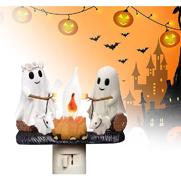 Мерцающий ночник-призрак для костра на Хэллоуин - светодиодный ночник-призрак для детей, 2 привидения жарят зефир у искусственного костра, жуткий декор для дома, 1PCS