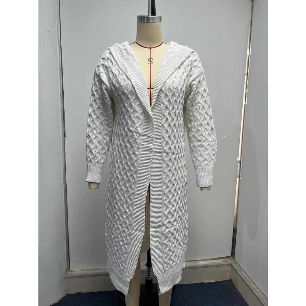 Autumn Winter Women's Long Cable Knit Hoodie, Plush Ribbed Open Front Cardigan with Warm Fleece Lining, Oversized Sweater Coat for Casual Comfort