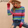 BITCED Automne/Hiver Tricots Colorés Pull Tricoté Rayé à Col Rond et Manches Longues Coupe Décontractée Décontracté Color-block Tricot Effet Usé