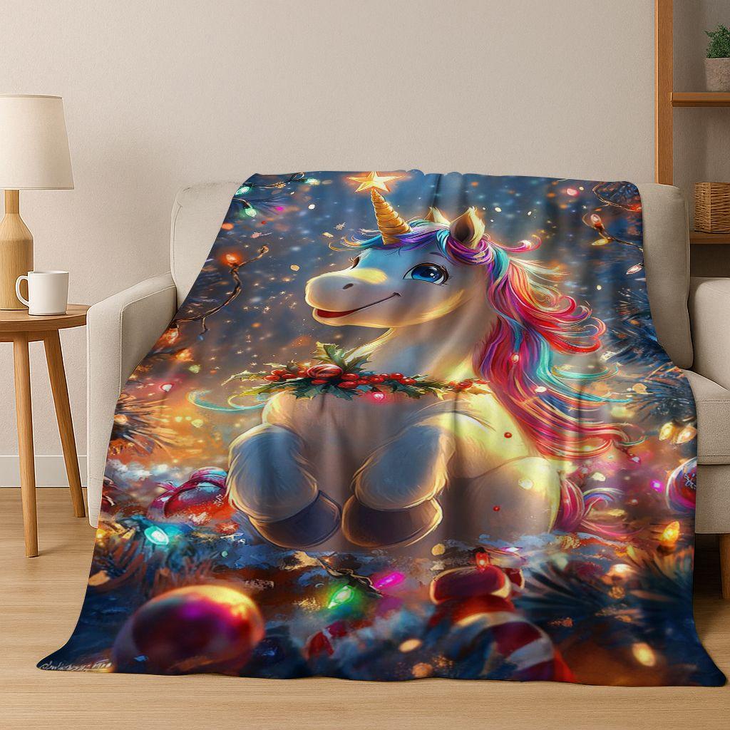 Kreslený duhový jednorožec Elfové Dívka Dárek Flanelová deka, Útulná měkká přehozová deka pro domov Ložnici Postel Pohovku Piknikový potah Děti