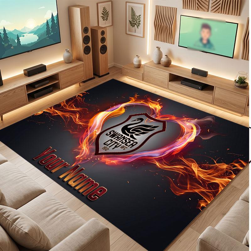 Swansea City FC Custom Crystal Velvet Rug, Personalized Name Text Print, Football Logo Soft Non‑Slip Floor Mat Home Decor Gift