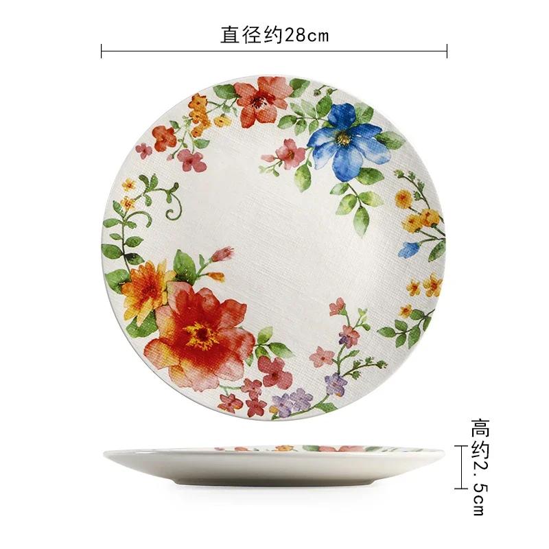 Creative Exquisite Flower Ceramic Plate Home Circular Afternoon Tea Cake Dessert Tray Delicious Dishes Large Soup Bowl Tableware