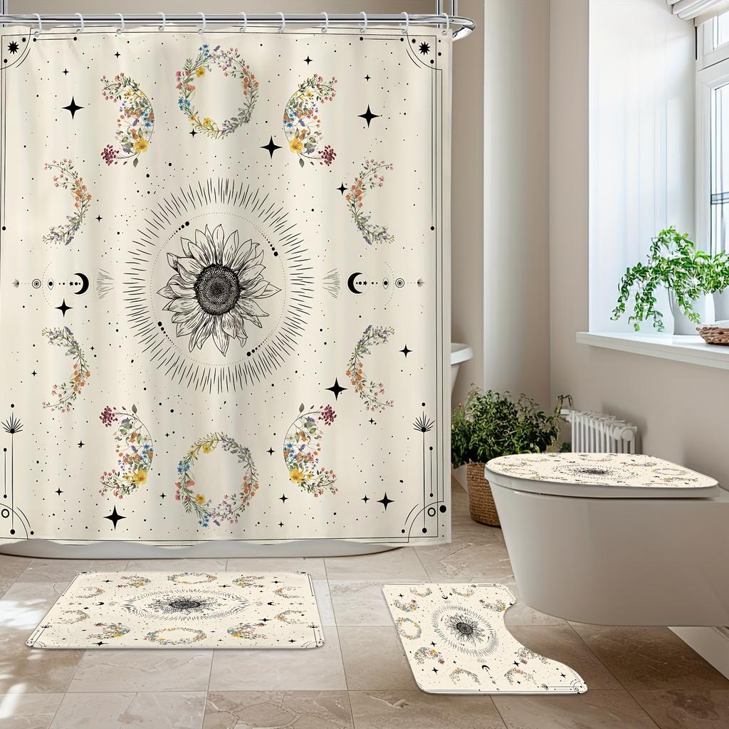 Celestial Dream Shower Curtain - Bohemian Floral with Moon Phases & Stars, Waterproof, 12 Hooks, Easy Install, Beige Aesthetic