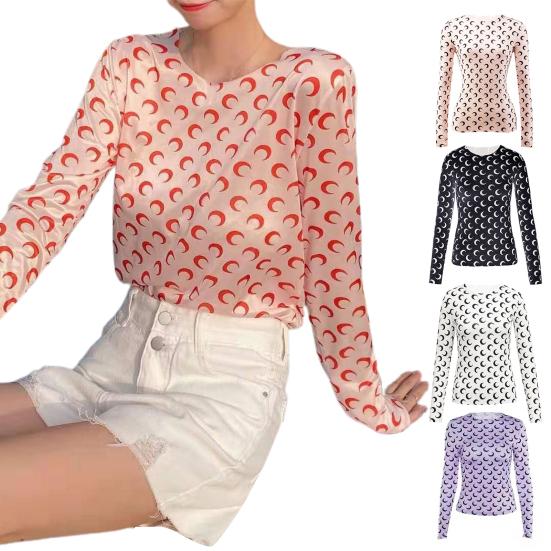 Sommer-Oberteile aus Eisseide, O-Ausschnitt, lange Ärmel, Sonnenschutz, Oberteile mit Mondmuster, dehnbare Pullover-Oberteile mit schmaler Passform