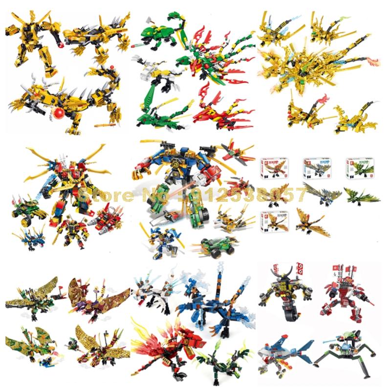 Ninja N/4/sets Ice Fire Gold Flame Lightning Flying Double Head Dragon Robot Mech Forge Building Blocks Toy