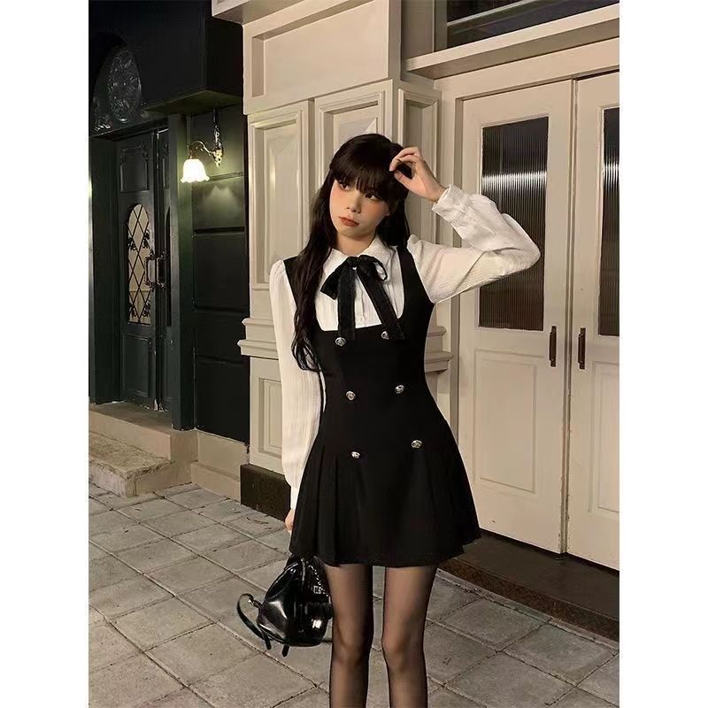 New early autumn women's clothing strap skirt daughter college style fake two-piece suit dress spring and autumn