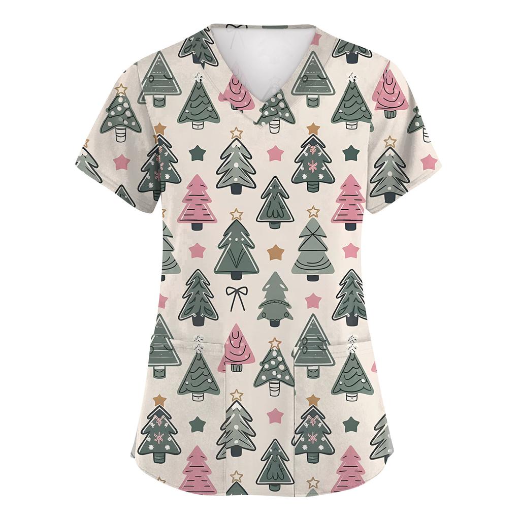Damska Moda Krótki Rękaw Świąteczny Nadruk Dekolt V Kieszeń Odzież Robocza Top