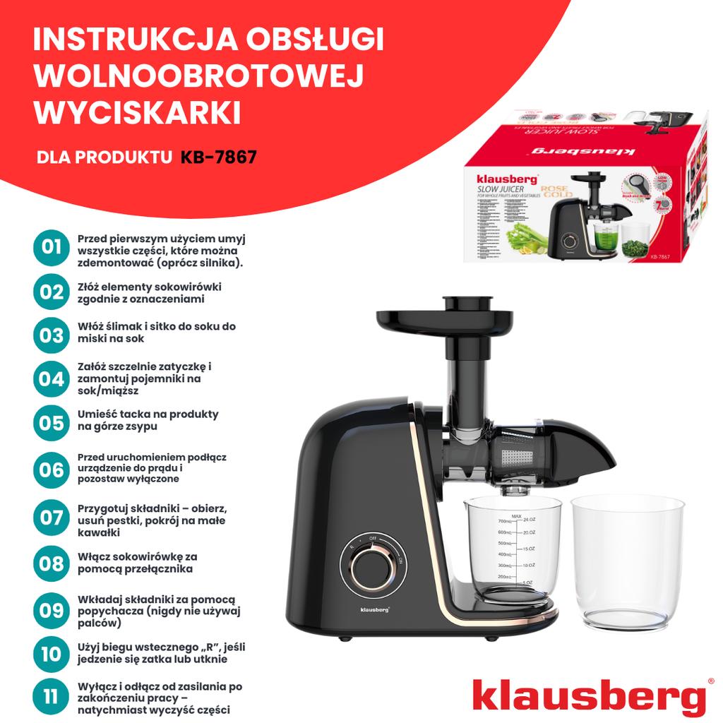Slow juicer 150W for fruits and vegetables COLD PRESS KLAUSBERG KB-7867