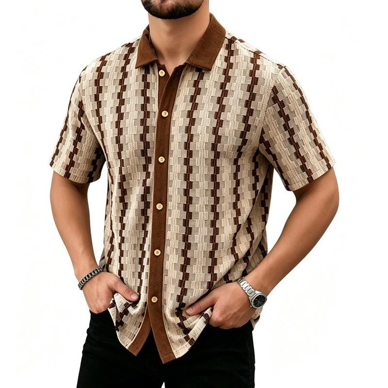 Men Brown Beige Geometric Striped Short Sleeve Button Down Casual Shirt S хаки