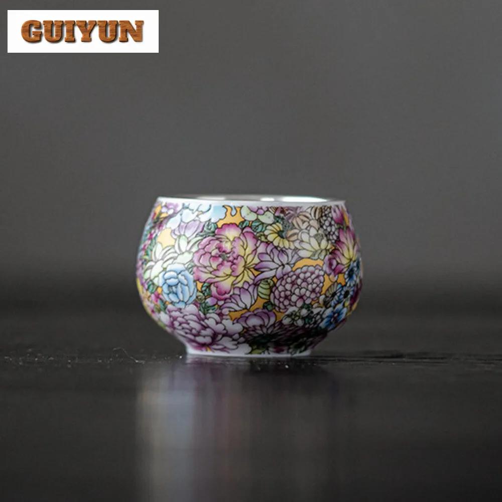 Chinese Enamel Colored Thousand Flowers Teacup Pure Silver Gilded Master Cup Juxiang Aroma Cup Ceramic Chazhan Tea Kung Fu Set