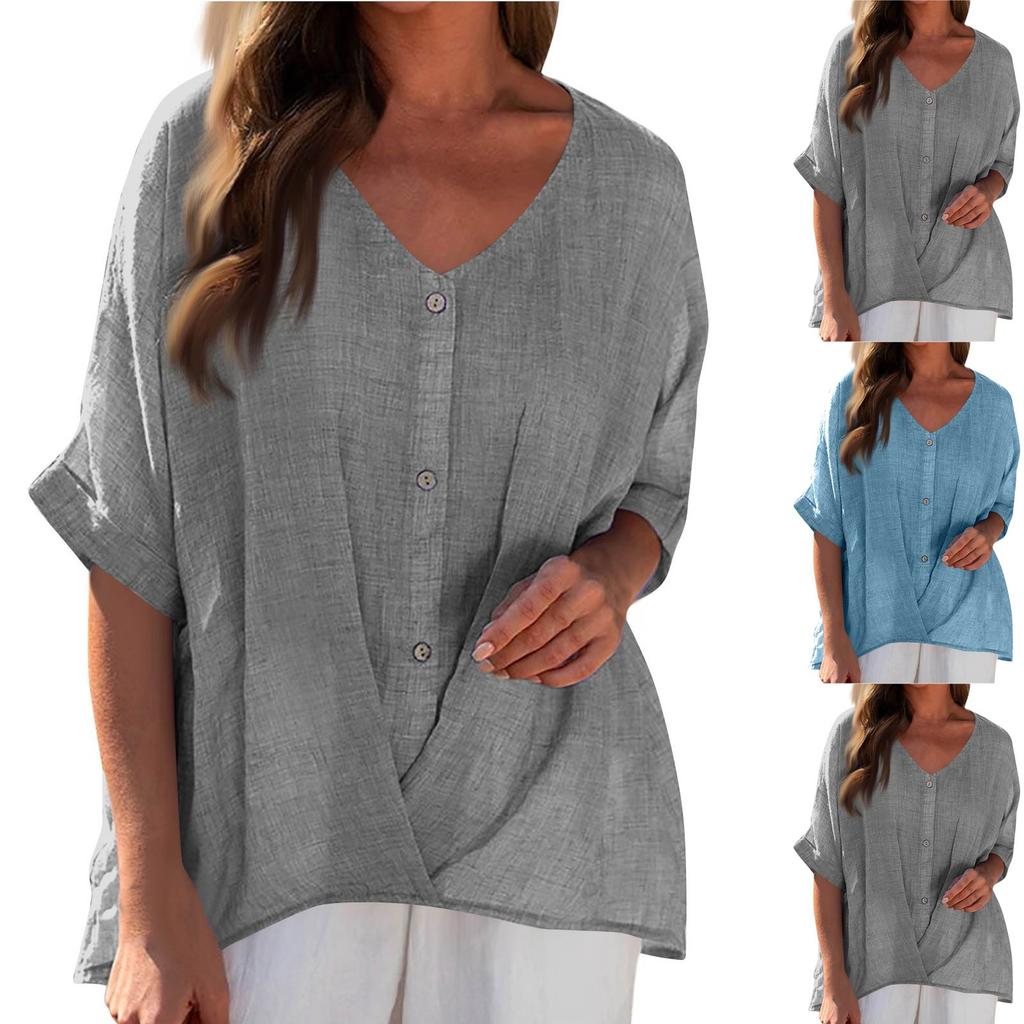 Women's Solid V-Neck Pullover Button Down Short Sleeve Shirt Casual Top Lightweight Tops