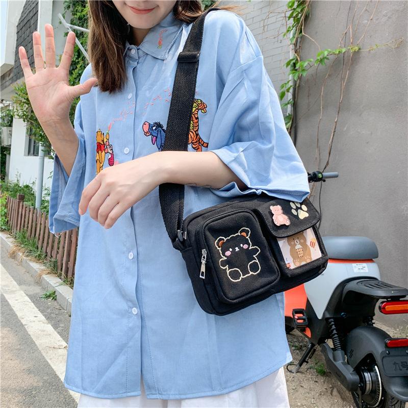 Fashion Canvas Small Bag Japanese Ins Women Shoulder Bag Cute Funny Personality Embroidery Bear Teenager Girl Student Transparent Messenger Bag