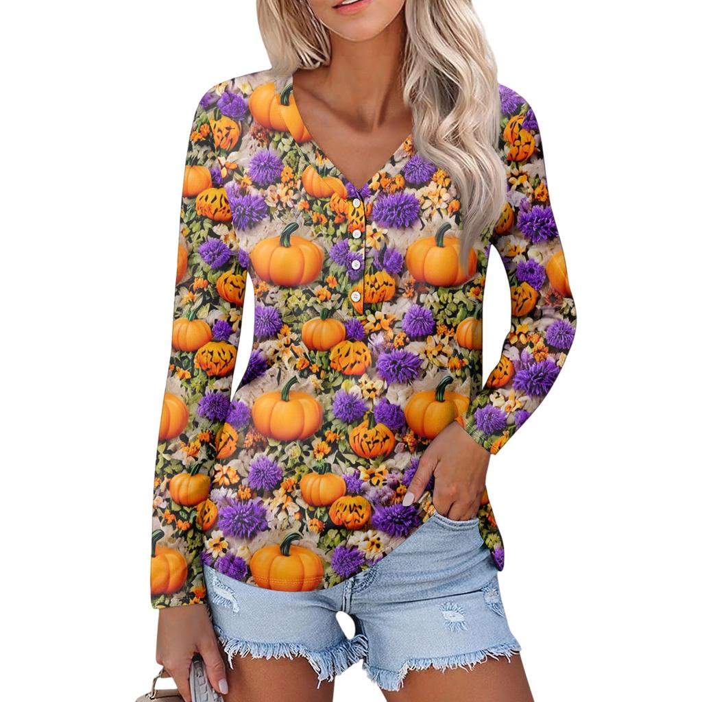 Women's Casual Fashion Sexy Comfort Halloween Printed V-Neck Button Long Sleeve