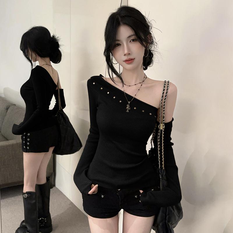 VAYLA Rivet Off Shoulder Sweaters For Women Sexy Pullovers Asymmetric Knitted Tops
