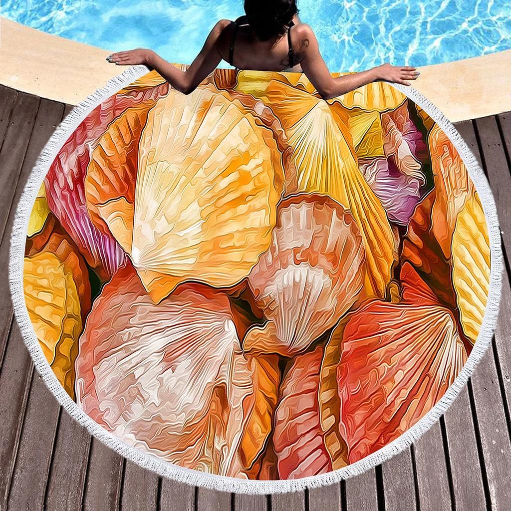 Round Beach Towels,Wave Seashell Print Sand Resistant Beach Blanket,Soft Absorbent Quick Dry Pool Towels Portable Picnic Mat