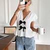 Women's summer vacation style European and American short-sleeved shirt bow cardigan shirt women's