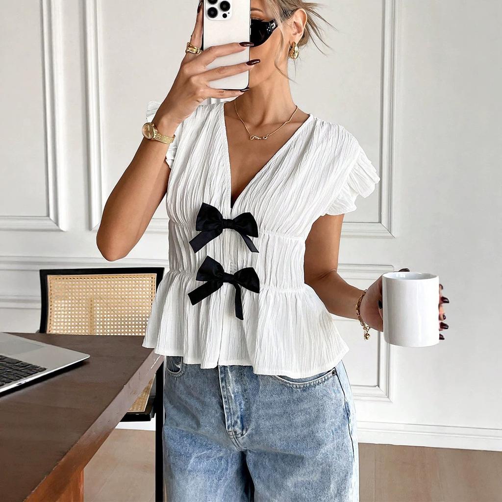 Women's summer vacation style European and American short-sleeved shirt bow cardigan shirt women's