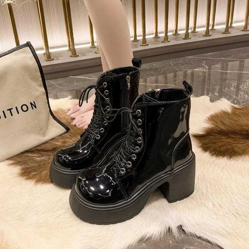 

thick heel Martin boots autumn and winter new fashion side zipper women s shoes low tube high heel bright leather short boots 40