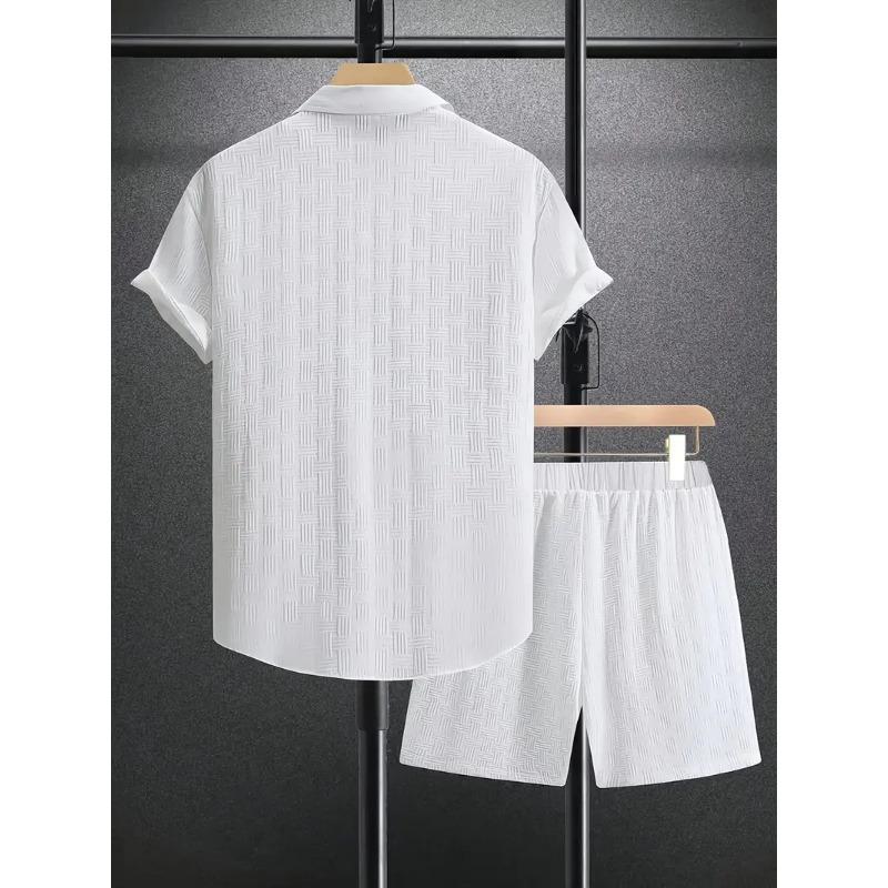 Herren Casual Unifarben Jacquard Kurzarmhemd und Shorts Zweiteiliges Urlaubsset