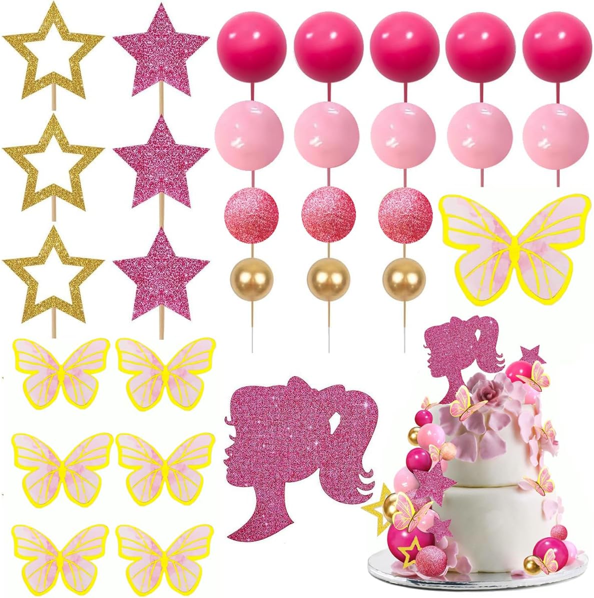 

47PCS Hot Pink Girl Cake Toppers for Glitter Girl Hot Pink Princess Theme Wedding Baby Shower Birthday Party Supplies