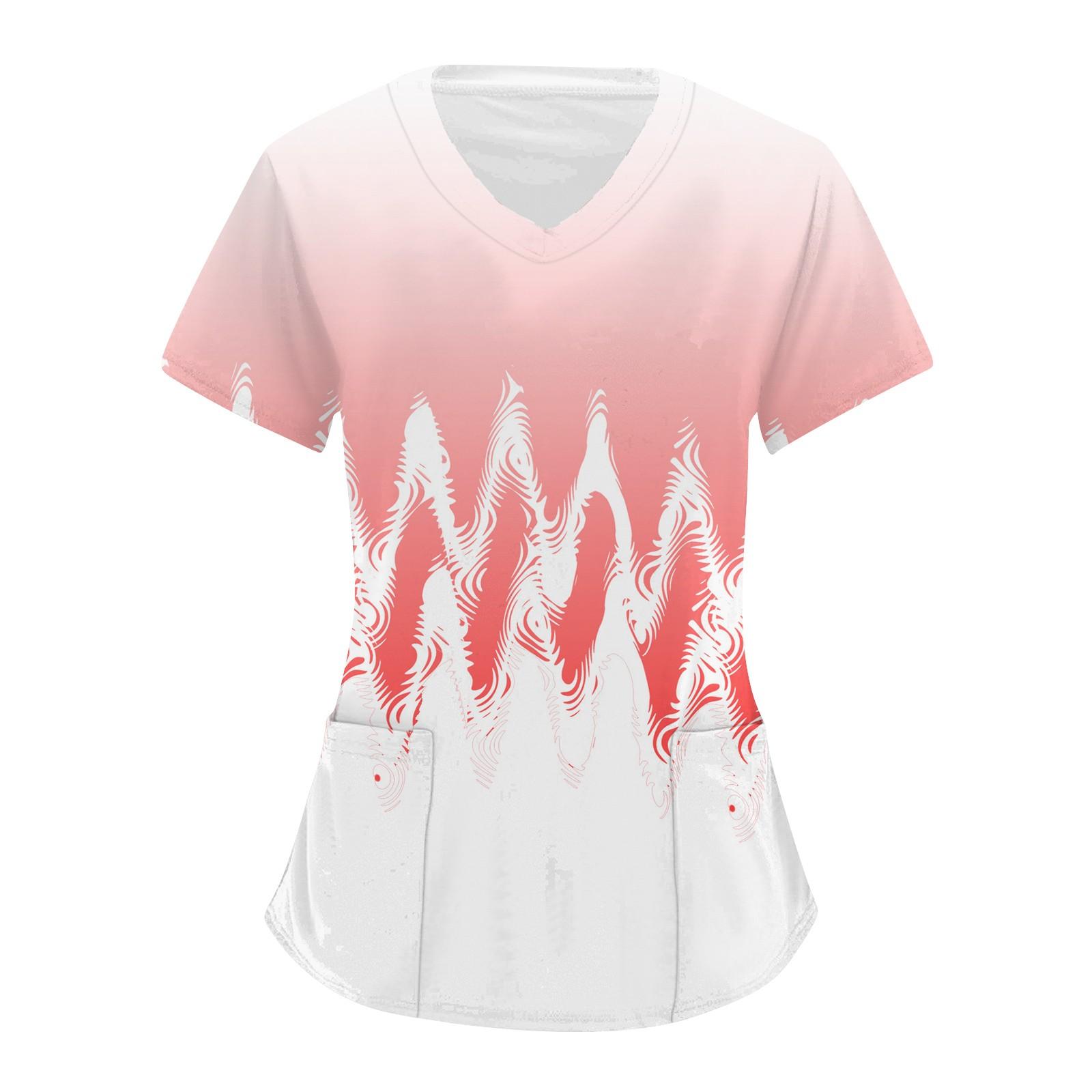 

Рабочая форма больших размеров с принтом, топы для женщин, футболки с v-образным вырезом и короткими рукавами, рабочая одежда, футболка с карманами XXXXL розовый