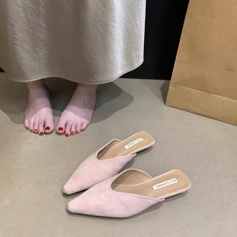 Flannelette Wrapped Half Drag Women Wear 2026 New Pointed Toe Lazy Low-heeled Slippers